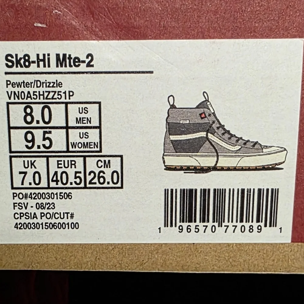 Vans Sk8 Hi MTE 2 Pewter Drizzle Men’s 8 Women’s 9.5 New With Box